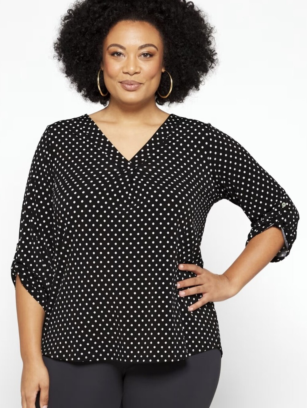 Beacon Patty Roll Tab Knit Top Blouse Polka Dot Black White Plus Size 2XL